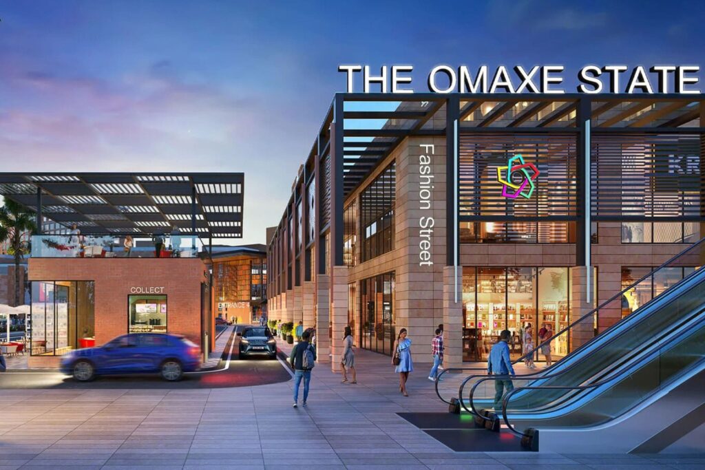 Rendering of The Omaxe State Dwarka 5-in-1 development including stadium and retail high street